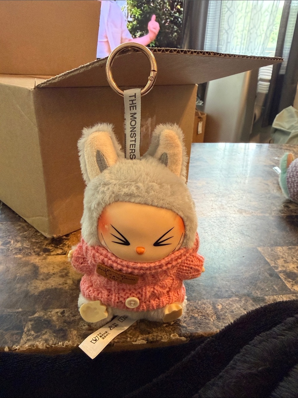 The Monsters Pink Bunny Plush Keychain with Gray Hood